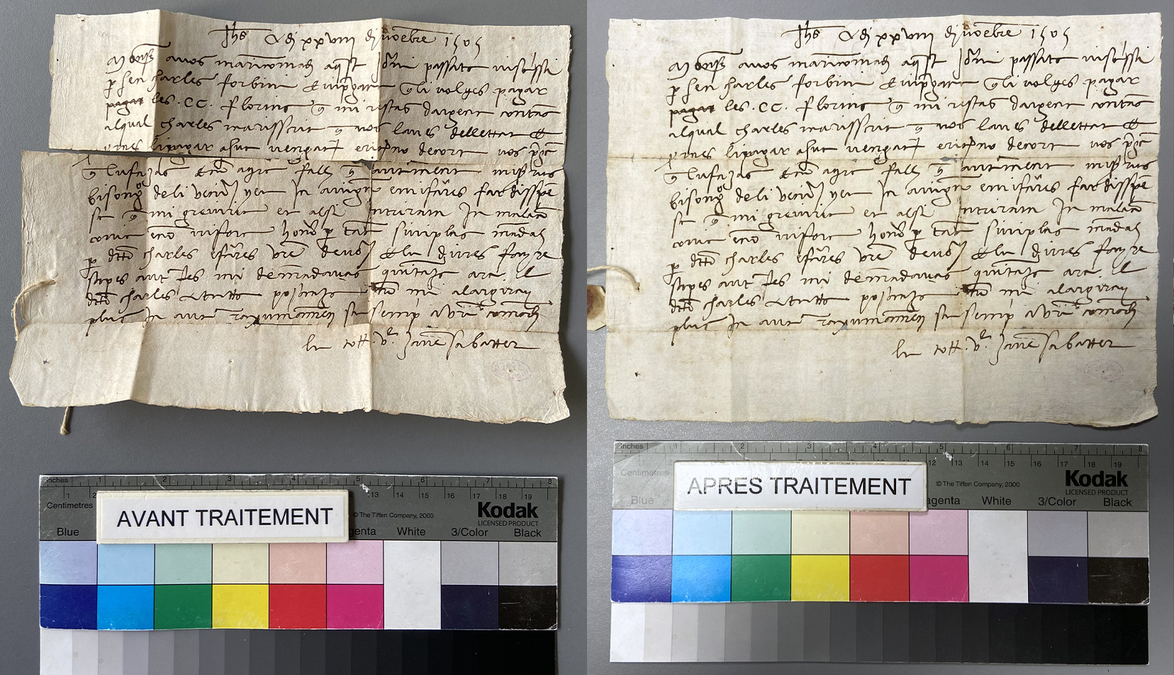 Recto avant-après restauration d'une Lettre pliée pour Avignon datant du 28 novembre 1505