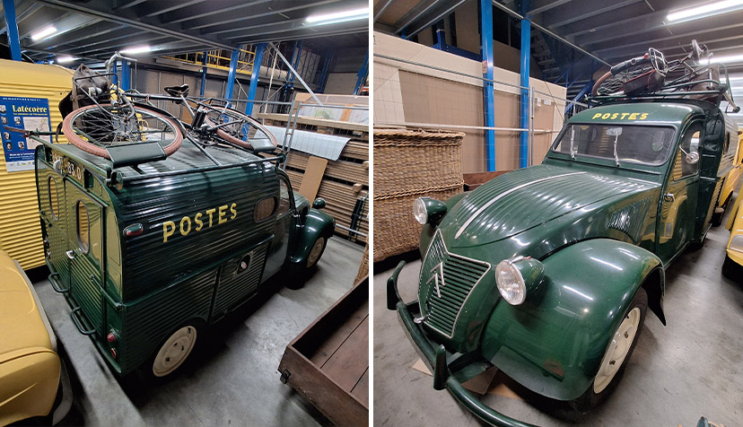 Citroën 2cv avec porte-bicyclette (mise en service en 1953, repeinte en 1983).