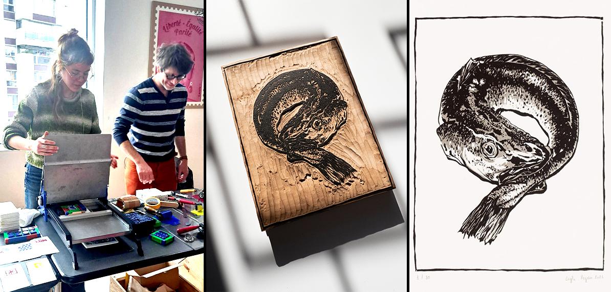 Trois photos dans une seule. La première montre Leyla Peyrin lors d'une démonstration. La deuxième, une gravure sur bois. La troisième le résultat de son impression sur papier.